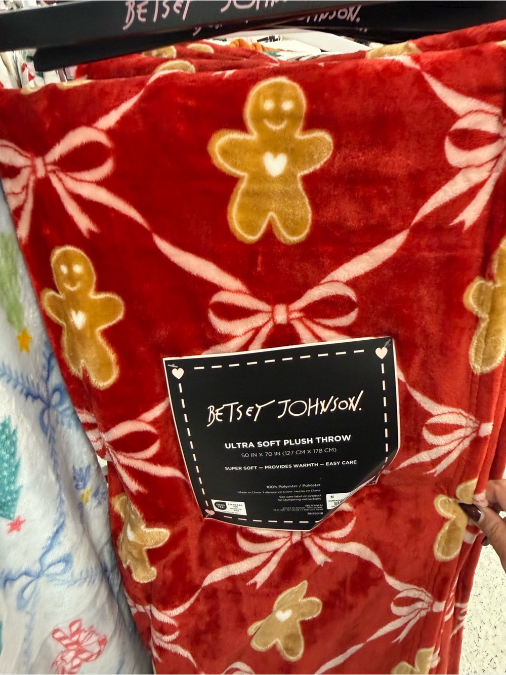 Betsey Johnson Red Gingerbread Bow Plush Throw Blanket